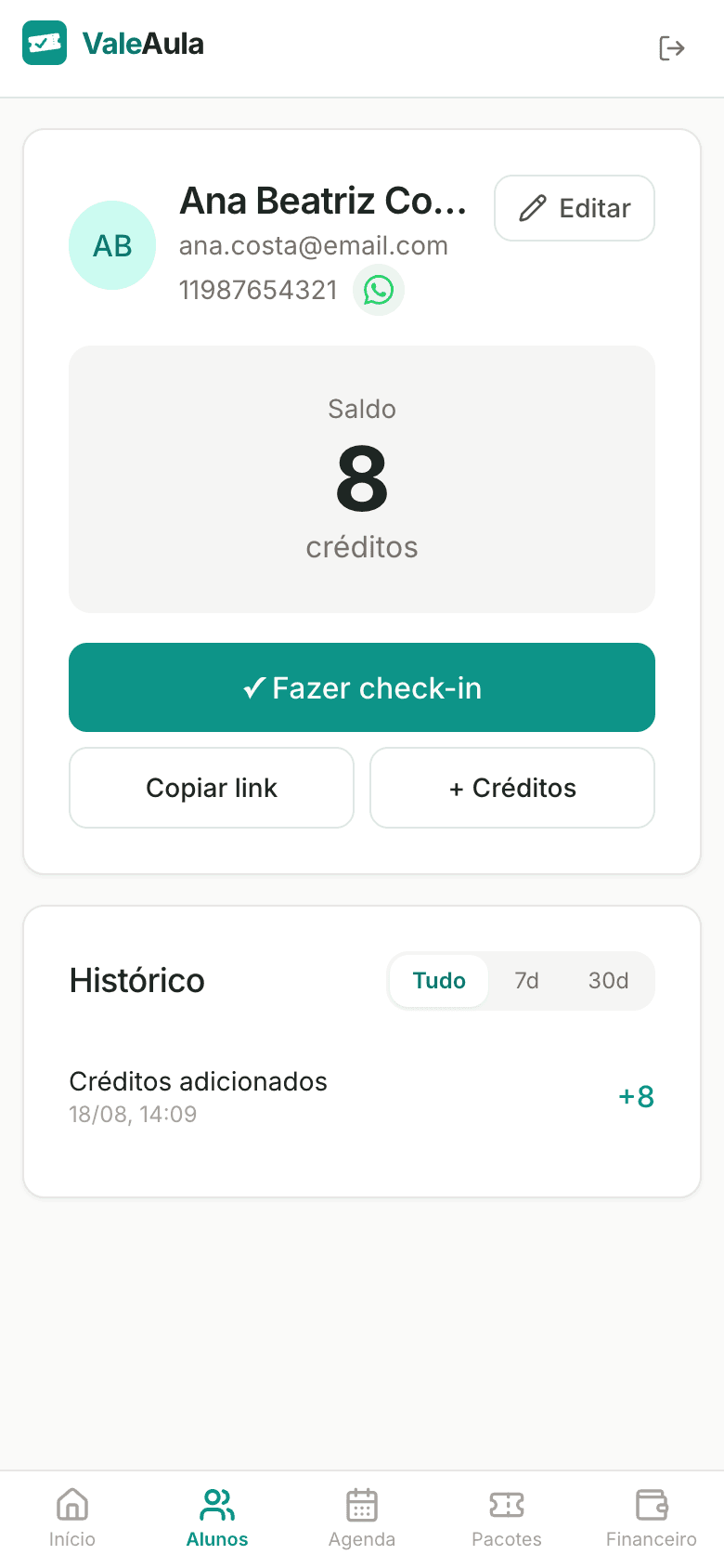 Tela do aluno no ValeAula: saldo de créditos, check-in e histórico