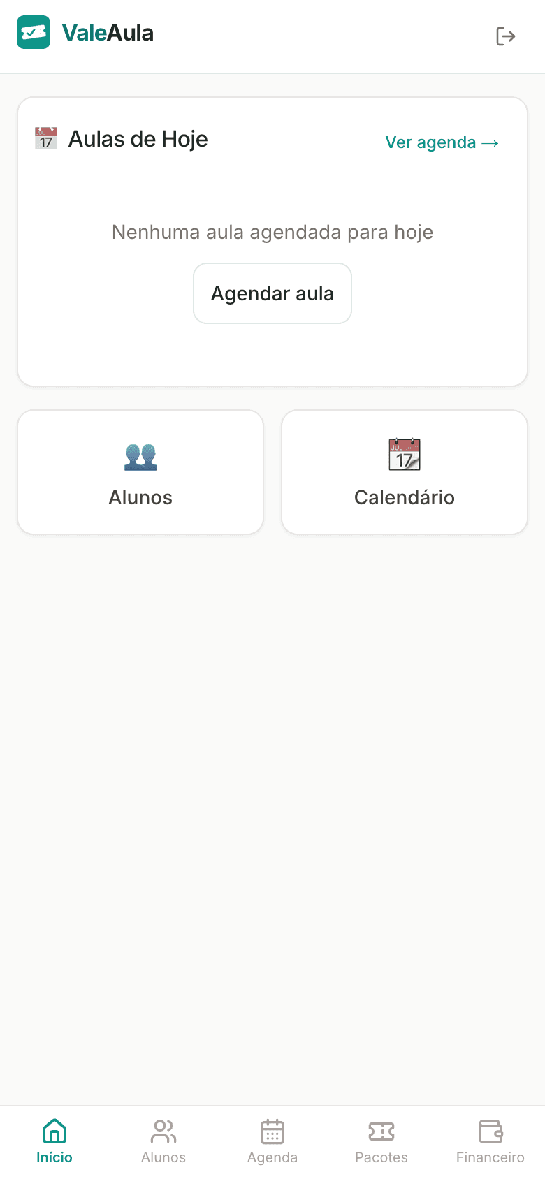 Dashboard do ValeAula com as aulas de hoje
